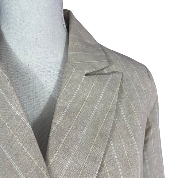 Joie Linen Blend Pinstripe Blazer M Beige Metallic Gold Double Breasted Pockets - Picture 7 of 11